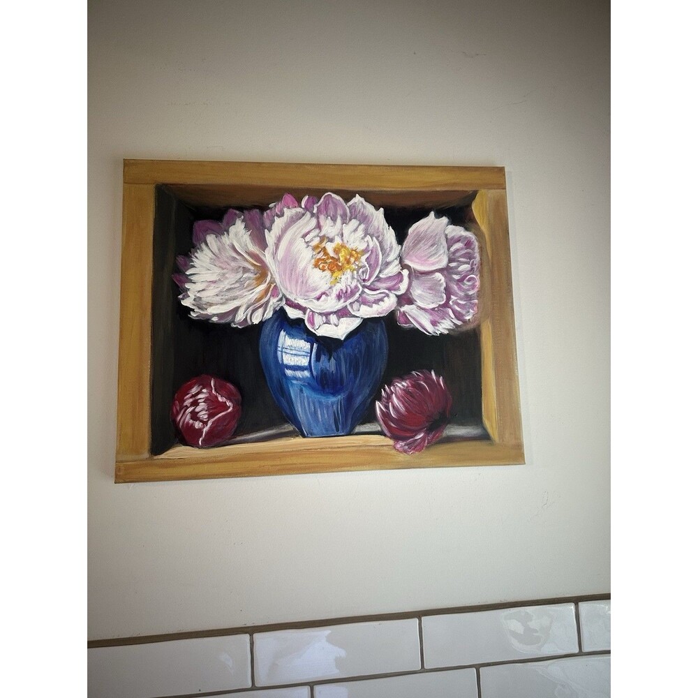 Original Still Life Pink Flowers Blue Vase 20” X 16” Oil On Canvas Painting
